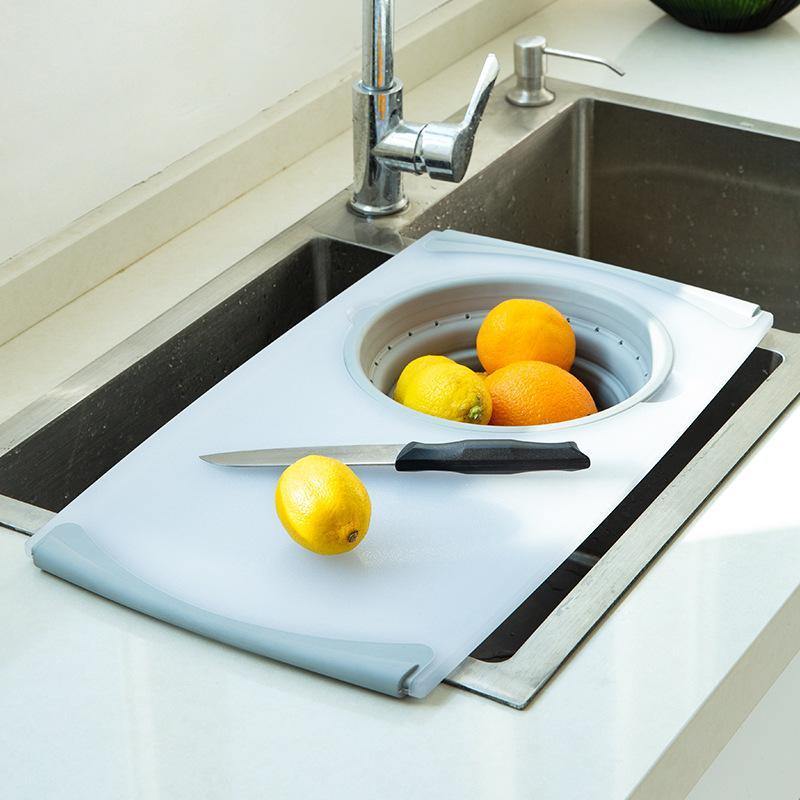Kitchen Telescopic Multifunctional Thick Plastic Chopping Board Drain Storage Basket (Grey) - MRSLM