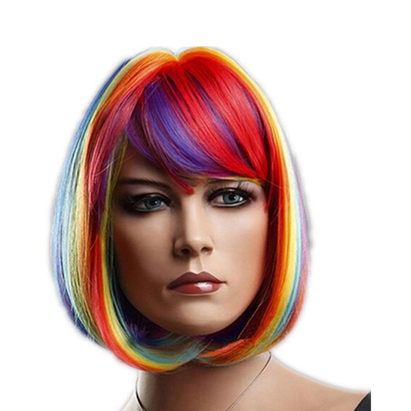 Anime Rainbow Wigs Colorful BOB Head Short Hair Wig Full Bangs High Temperature Wire Headcover Cosplay Hair Wigs - MRSLM