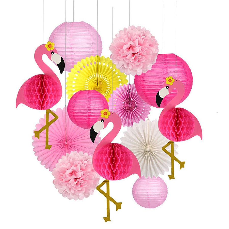 Tropical Pink Flamingo Decoration Set Pom Poms Paper Flowers Tissue Paper Fan Paper Lanterns for Hawaiian Summer Beach Party - MRSLM
