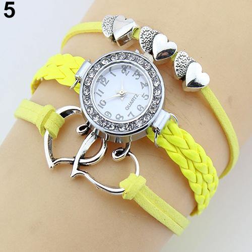 Double Heart Multilayer Cuff Bracelet Wristwatch Faux Leather Knited Bangle Watch - MRSLM