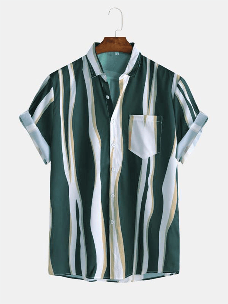 Mens Fashion Plain Color Striola Chest Pocket Short Sleeve Casual Shirts - MRSLM