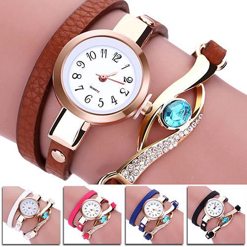 Lady Blue Eye Infinity Multilayer Faux Leather Charm Bracelet Quartz Wrist Watch - MRSLM