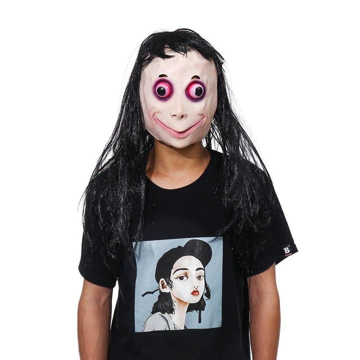 LED Scary Momo Mask Game Horror Mask Cosplay Full Head Momo Mask Big Eye With Long Wigs Halloween Party Props - MRSLM