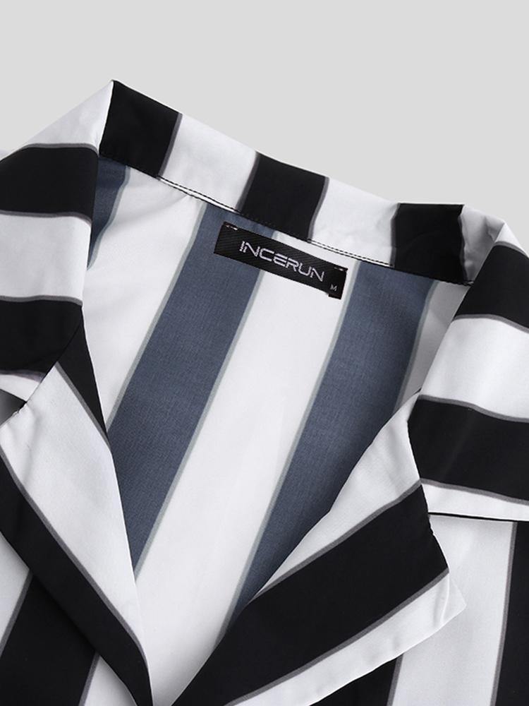 Mens New Fashion Trendy Black Striped Short Sleeved Shirts - MRSLM