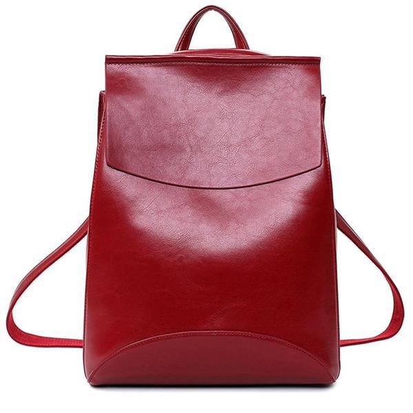 Women Oil PU Leather Simple Big Capacity Simple Backpack Shoulders Bag - MRSLM