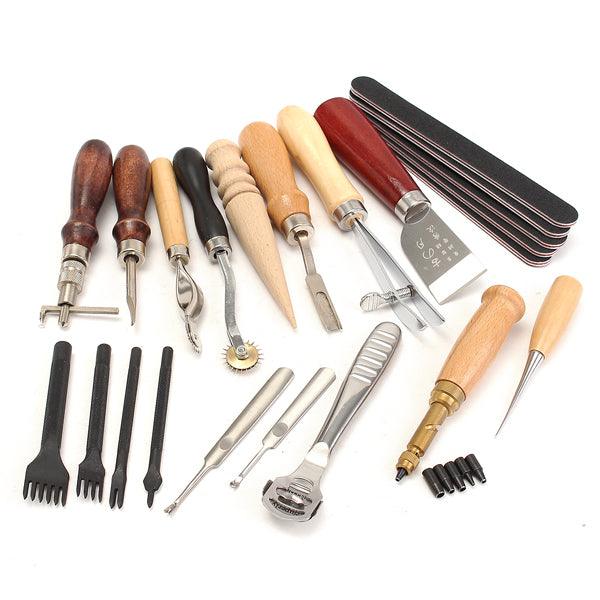 20pcs Wood Handle Leather Craft Tool Kit Leather Hand Sewing Tool Punch Cutter DIY Set - MRSLM