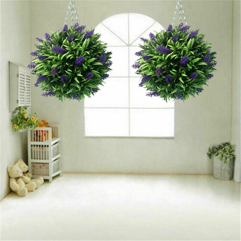 Artificial Lavender Long Leaf Topiary Flower Ball Hanging Basket Plant Garden Home Decor - MRSLM