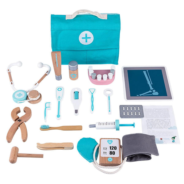 18 Pcs Children Wooden Role Play Pretend Dentist Toolbox Doctor Medical Playset with Stethoscope Early Education Toy - MRSLM