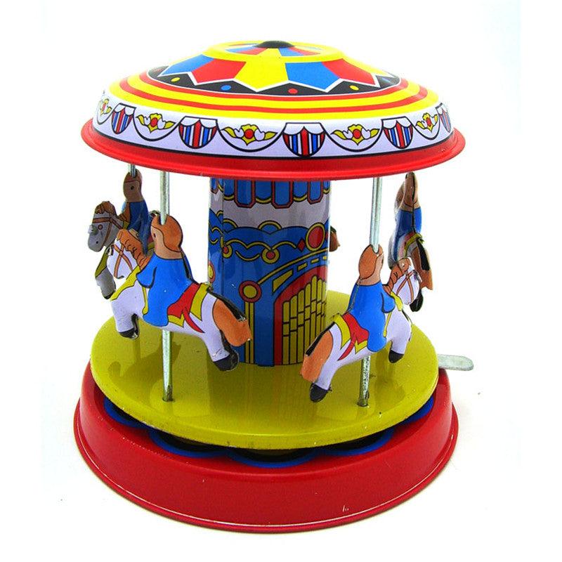 Classic Vintage Clockwork Wind Up Merry-Go-Round Children Kids Tin Toys With Key - MRSLM
