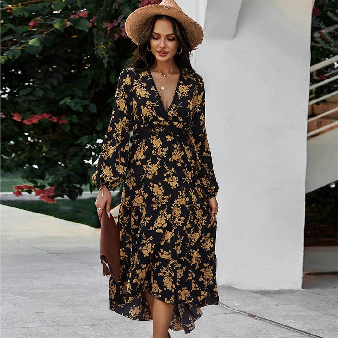 Black and Gold Women's Midi Dress in Floral Print