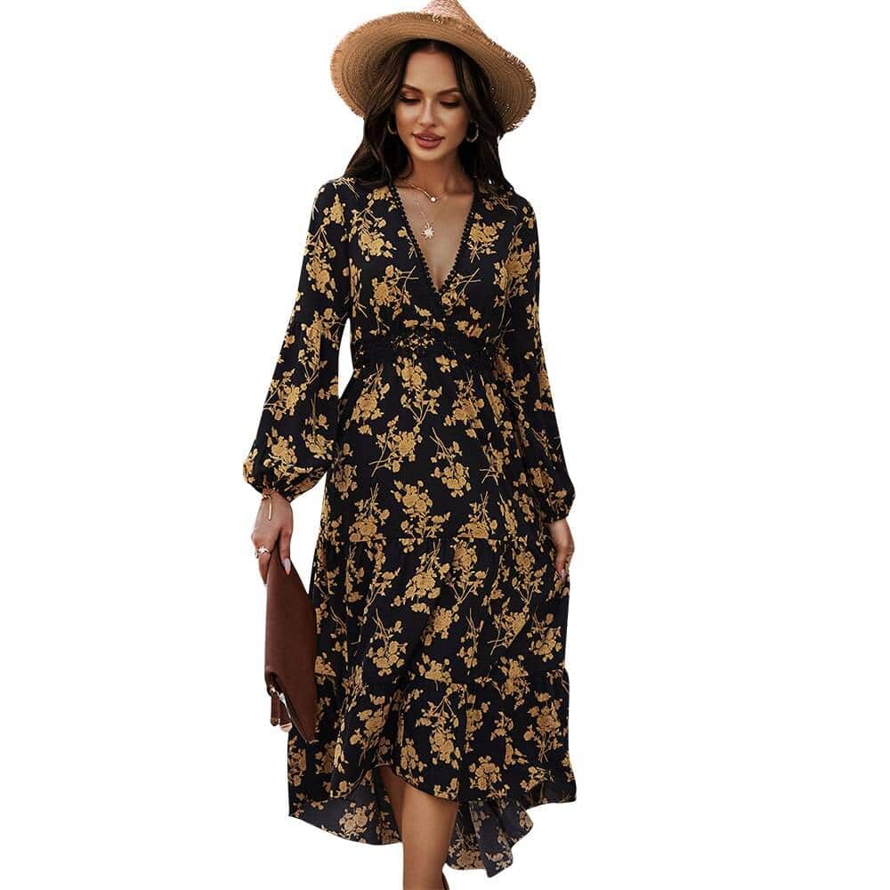 Black and Gold Women's Midi Dress in Floral Print