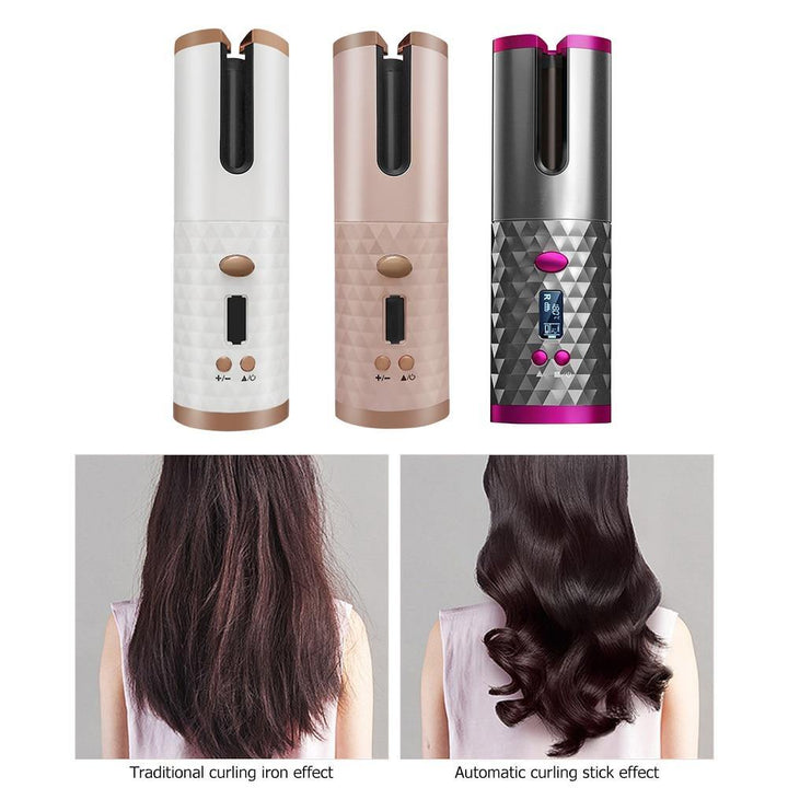 Cordless Auto Rotating Ceramic Hair Curler USB Rechargeable Curling Iron LED Display Temperature Adjustable Curling Wave Styer - MRSLM
