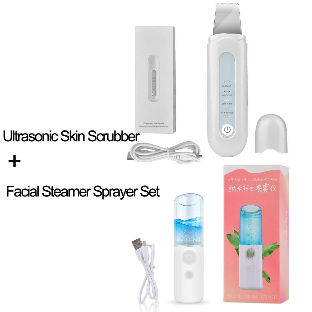 Ultrasonic Ion Skin Scrubber Cleaner Face Lift Peeling Extractor Deep Cleaning Beauty Device + Facial Steamer Sprayer - MRSLM