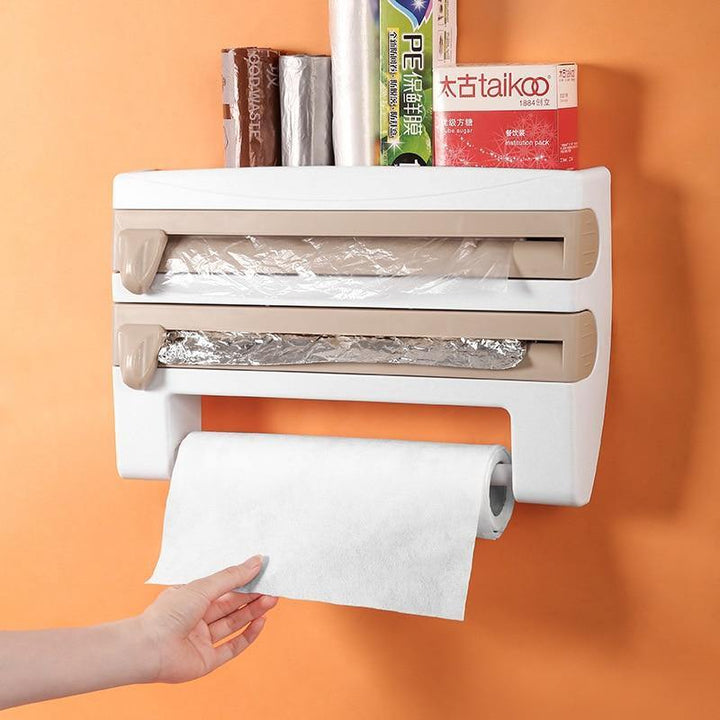 4 in 1 Wall-Mounted Kitchen Cling Film Tin Foil Storage Rack Organizer Holder Multifunctional Gray ABS Paper Towel Holder Shelf - MRSLM