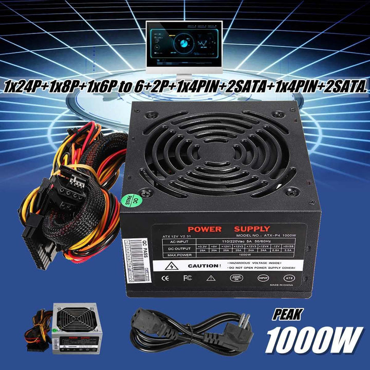 Max 1000W Power Supply PSU PFC Silent Fan ATX 24pin 12V PC Computer SATA Gaming PC Power Supply For Intel AMD Computer Black - MRSLM