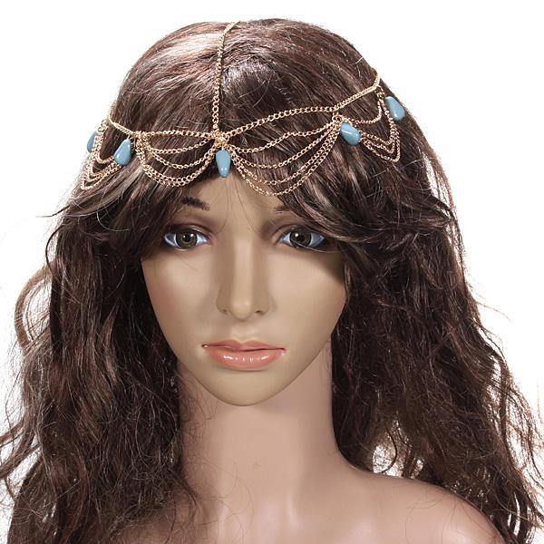 Lady Headdress Turquoise Stone Gold Headbrand Hair Cuff Chain - MRSLM