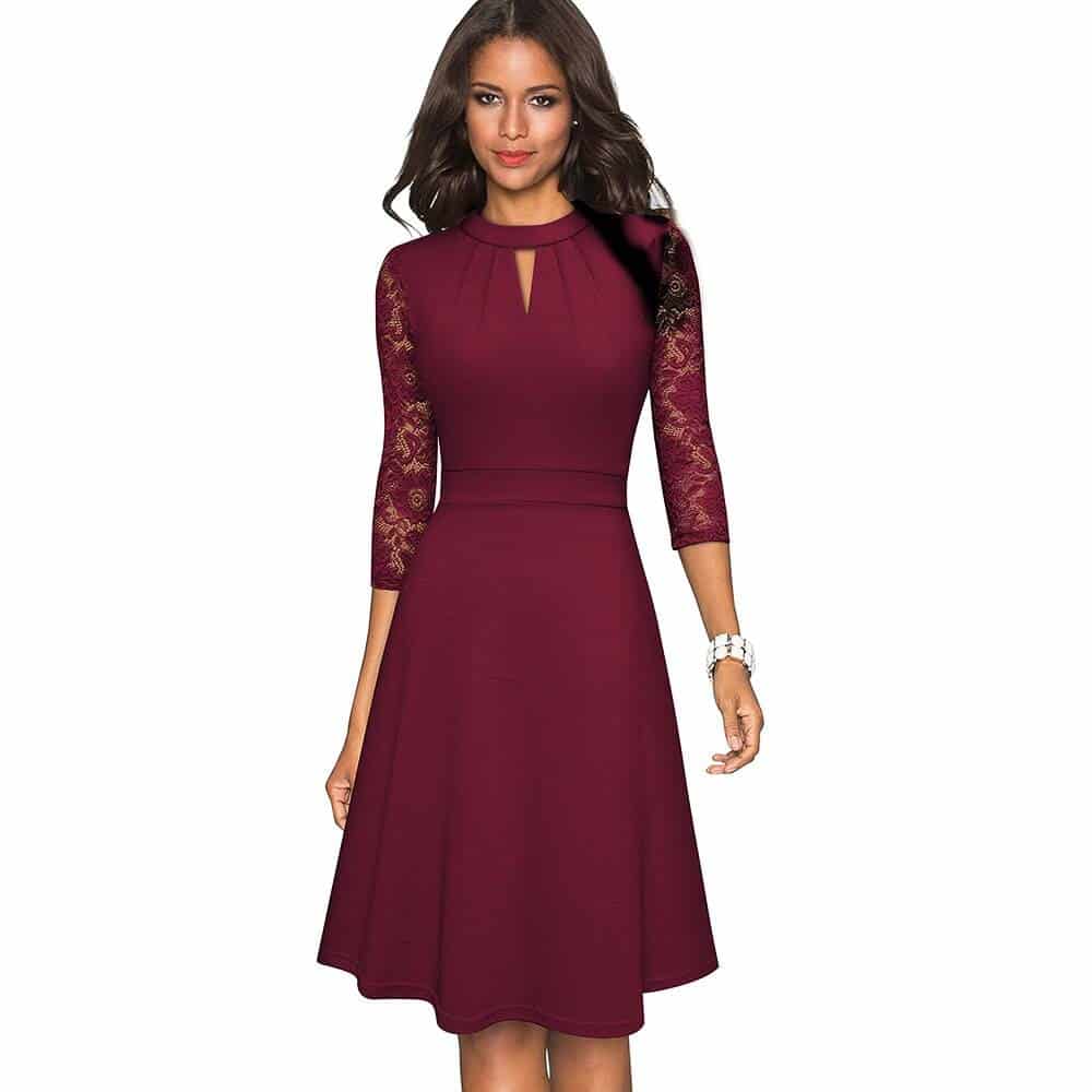 Solid Color Hollow Out Women's Dress with Lace Sleeves