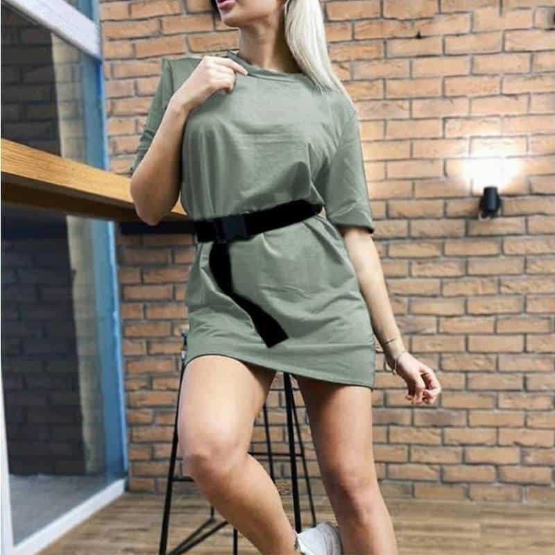 Summer Women's Shirt Style Mini Dress with Black Belt