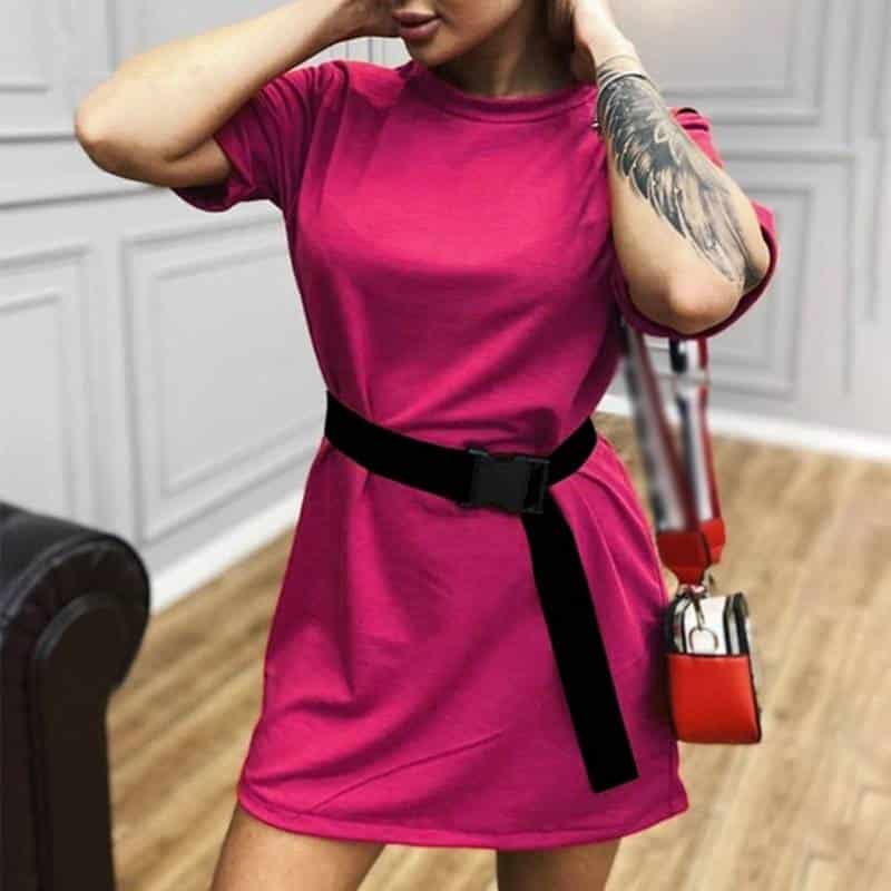Summer Women's Shirt Style Mini Dress with Black Belt