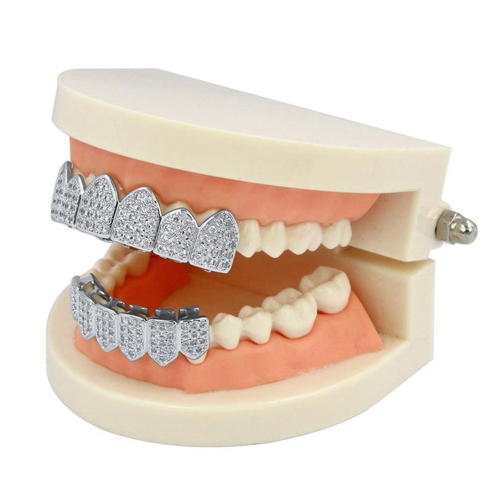 TOPGRILLZ Hip Hop Grillz Teeth Caps Gold Color Plated Luxury Micro Pave CZ Stones Top & Bottom Teeth Grills Set Ship From US - MRSLM