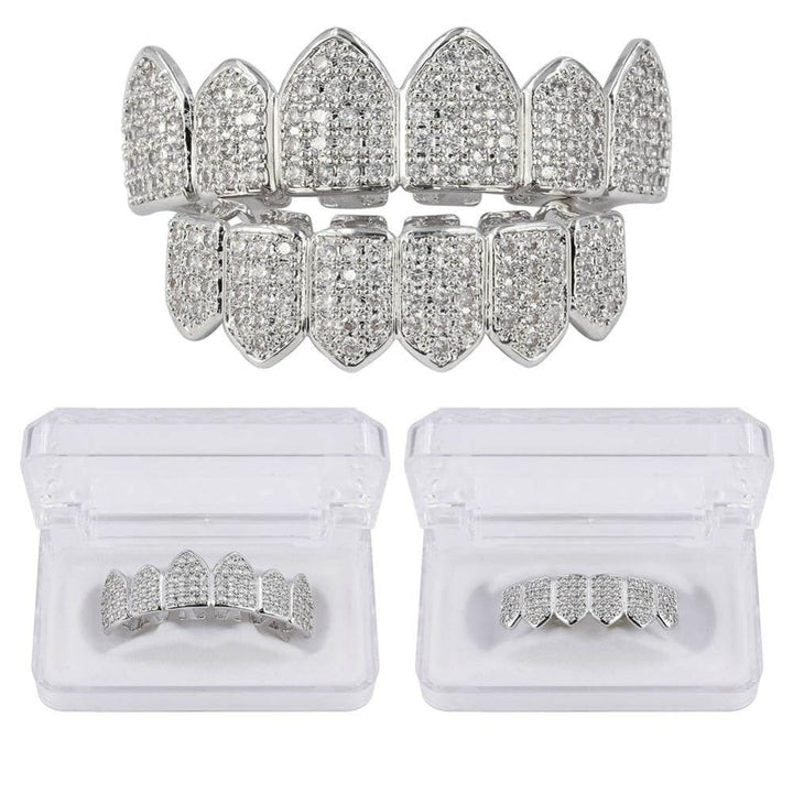 TOPGRILLZ Hip Hop Grillz Teeth Caps Gold Color Plated Luxury Micro Pave CZ Stones Top & Bottom Teeth Grills Set Ship From US - MRSLM
