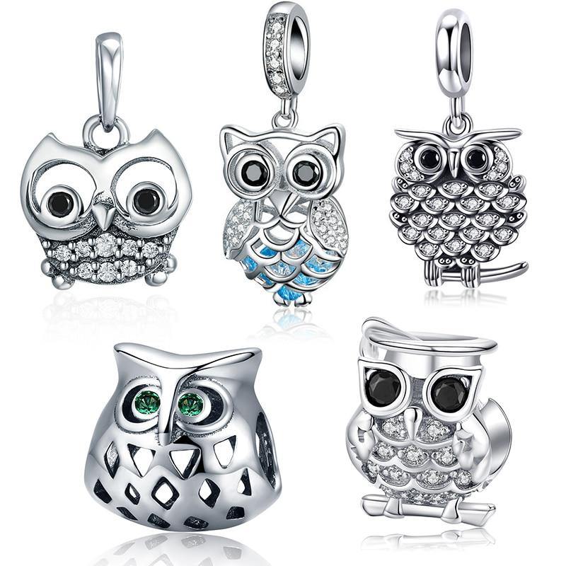 Midnight Owl Dangle Charm 100% 925 Sterling Silver Zircon Beads Fit Original Bracelet Pendant Necklace Jewelry Gift FIC949 - MRSLM