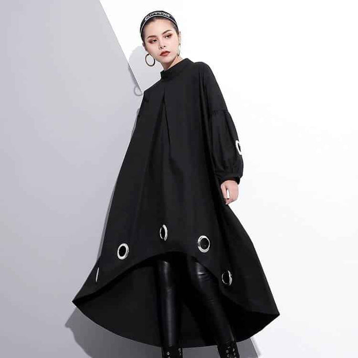 Women's Long Sleeved Black Dress with Metal Rings