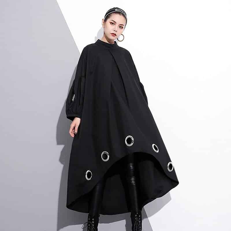 Women's Long Sleeved Black Dress with Metal Rings