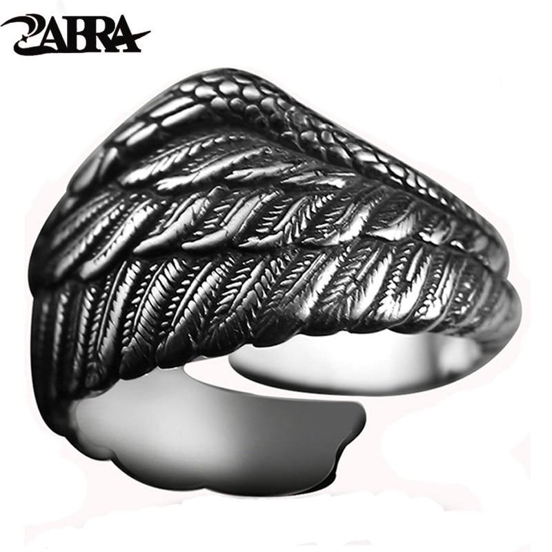 ZABRA Vintage 925 Silver Men Ring Adjustable Eagle Wing Feather Retro Black Punk Biker Man Rings Female Sterling Silver Jewelry - MRSLM