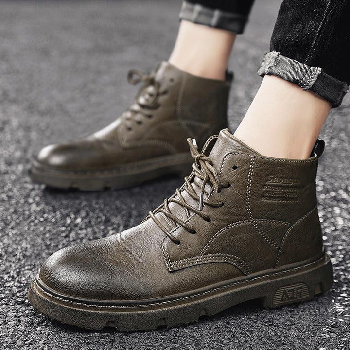 New Men's Shoes High-top Martin Boots Pig Leather Boots Solid Color - MRSLM