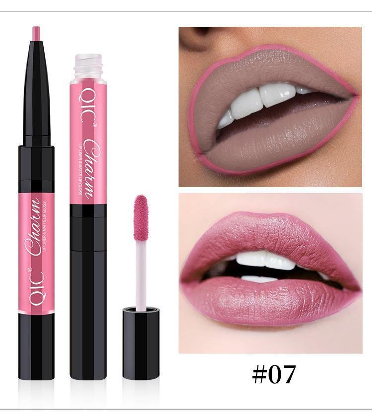 QIC 2 In 1 Lip gloss Wateproof Double Ended Long Lasting Liquid Lipsticks Matte Velvet Lip Makeup Cosmetics Nude Lip Liner Pencil - MRSLM