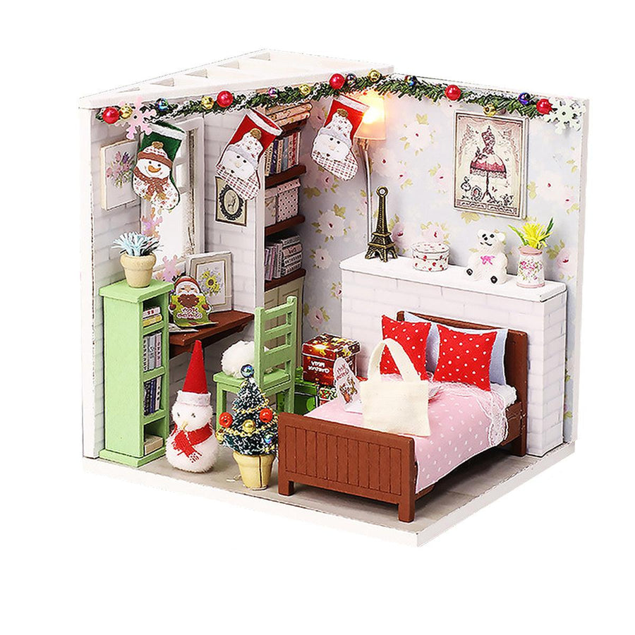 Wooden Bedroom DIY Handmade Assemble Doll House Miniature Furniture Kit Education Toy with LED Light for Collection Birthday Gift - MRSLM
