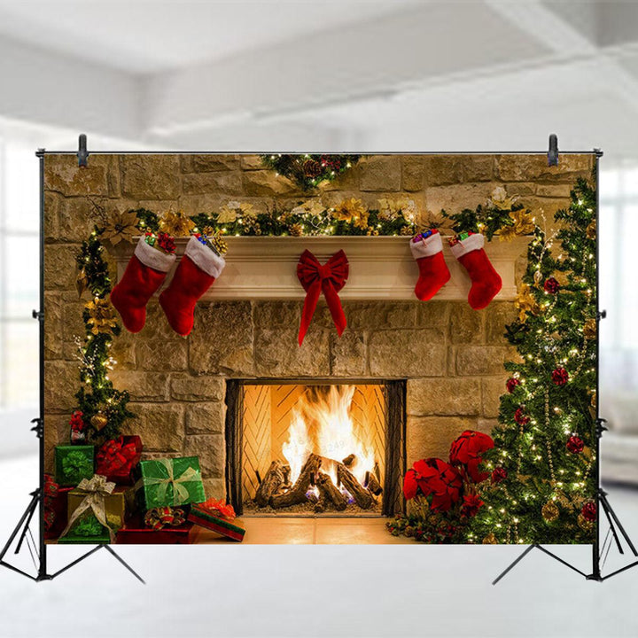 5x3FT 7x5FT 10x7FT Christmas Fireplace Red Socks Backdrop Photography Background Cloth Decoration Background Studio Prop - MRSLM
