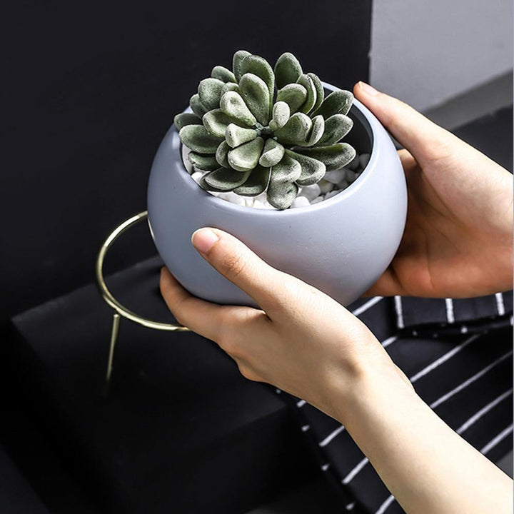 Succulent Pot Vase Simple Iron Frame Flower Stand Ceramic Hydroponic Flowerpot for Green Plant Set - MRSLM