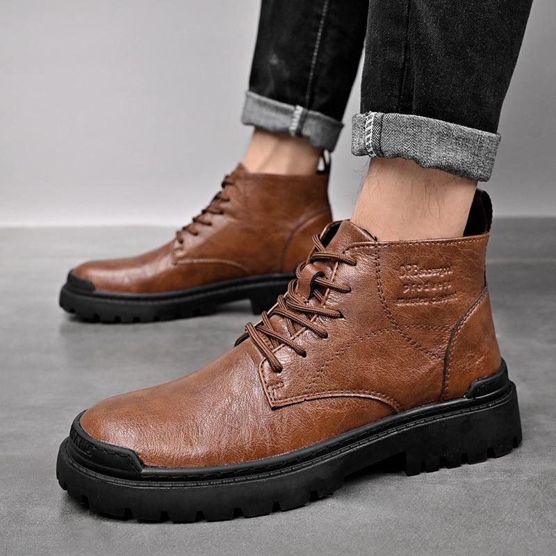 Leather Martin Boots Men's High-top British Style Plus Velvet Mid-top Trendy Shoes - MRSLM