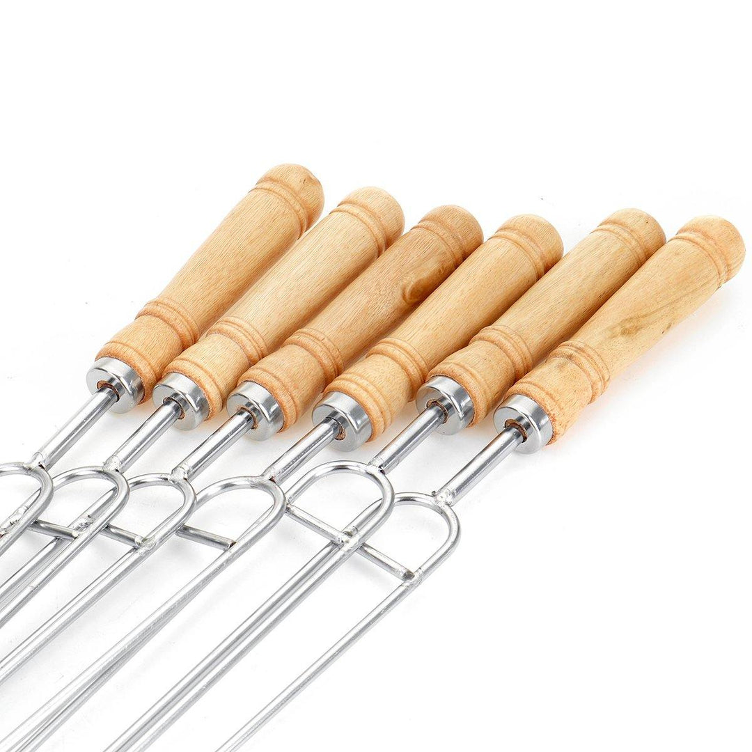 6PCS/Set Stainless Steel Wire BBQ Skewers Wood Handle Grill Roasting Sticks Outdoor Camping BBQ Tool - MRSLM