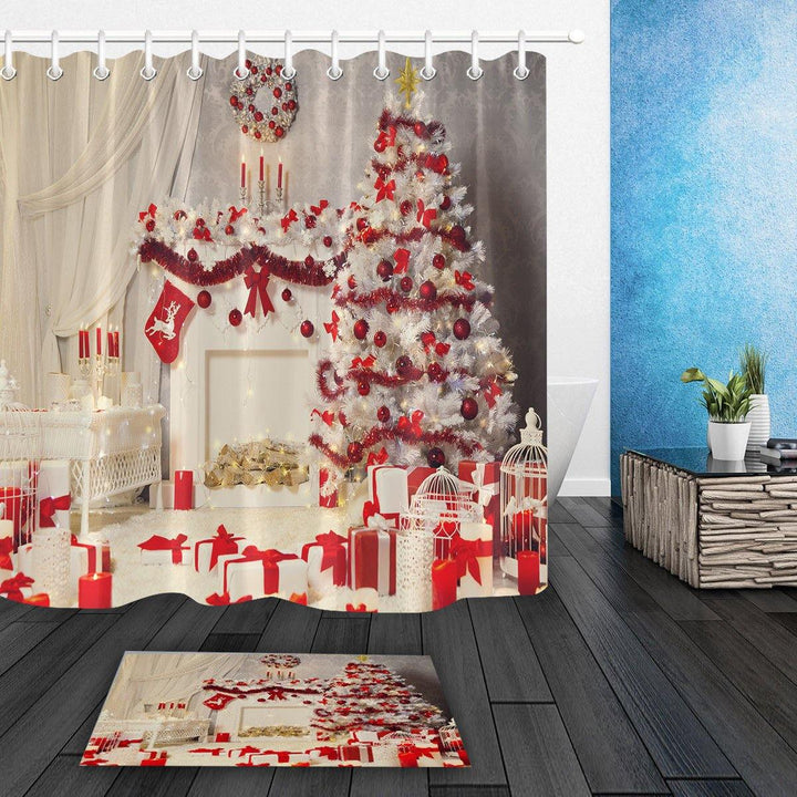 Christmas Tree Interior Xmas Fireplace in Pink Decorated Indoors Shower Curtain Bathroom Sets With Mat Bathroom Fabric For Bathtub Decor - MRSLM