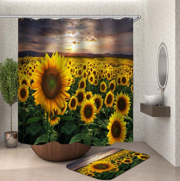 Sunflower Bathroom Shower Curtain Anti-skid Bath Carpet Toilet Seat Cover Bath Mat Bathroom Rugs - MRSLM