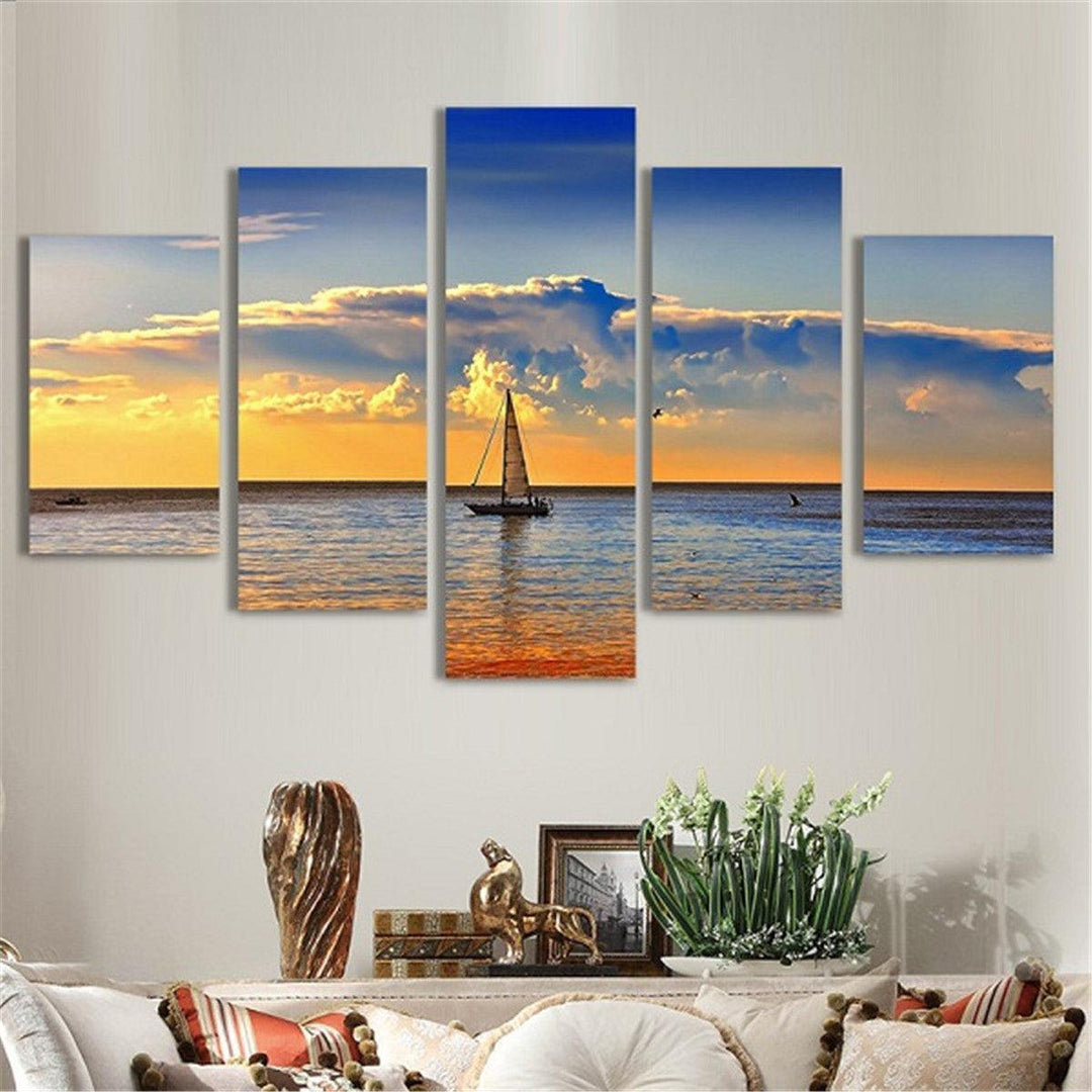 5Pcs Sunset Sailing Boat Canvas Print Paintings Wall Decorative Print Art Pictures Frameless Wall Hanging Decorations for Home Office - MRSLM