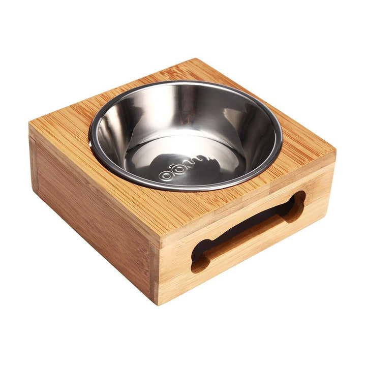 Pet Food Water Feeder Single Twin Bowls Bamboo Stainless Steel Dog Cat Dishes Pet Bowl - MRSLM