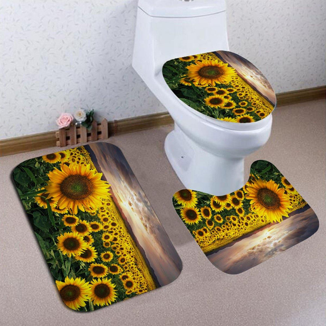 Sunflower Bathroom Shower Curtain Anti-skid Bath Carpet Toilet Seat Cover Bath Mat Bathroom Rugs - MRSLM