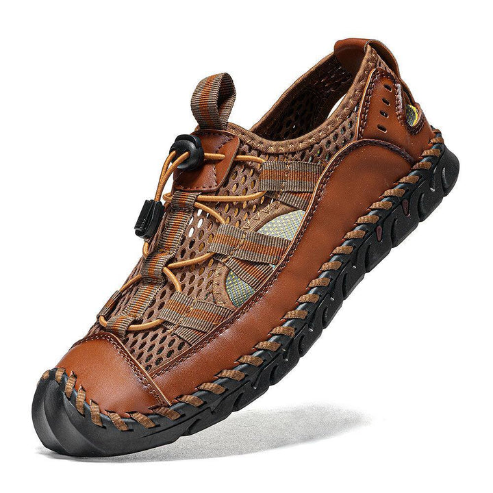 Men Cowhide Leather Hand Stitching Mesh Breathable Soft Bottom Casual Outdoor Sandals - MRSLM