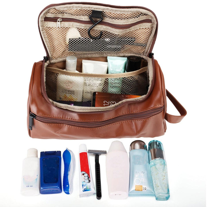 Leather Toiletry Bag Men Large Shaving Brush Cosmetic Travel Kits Organizer Case - MRSLM