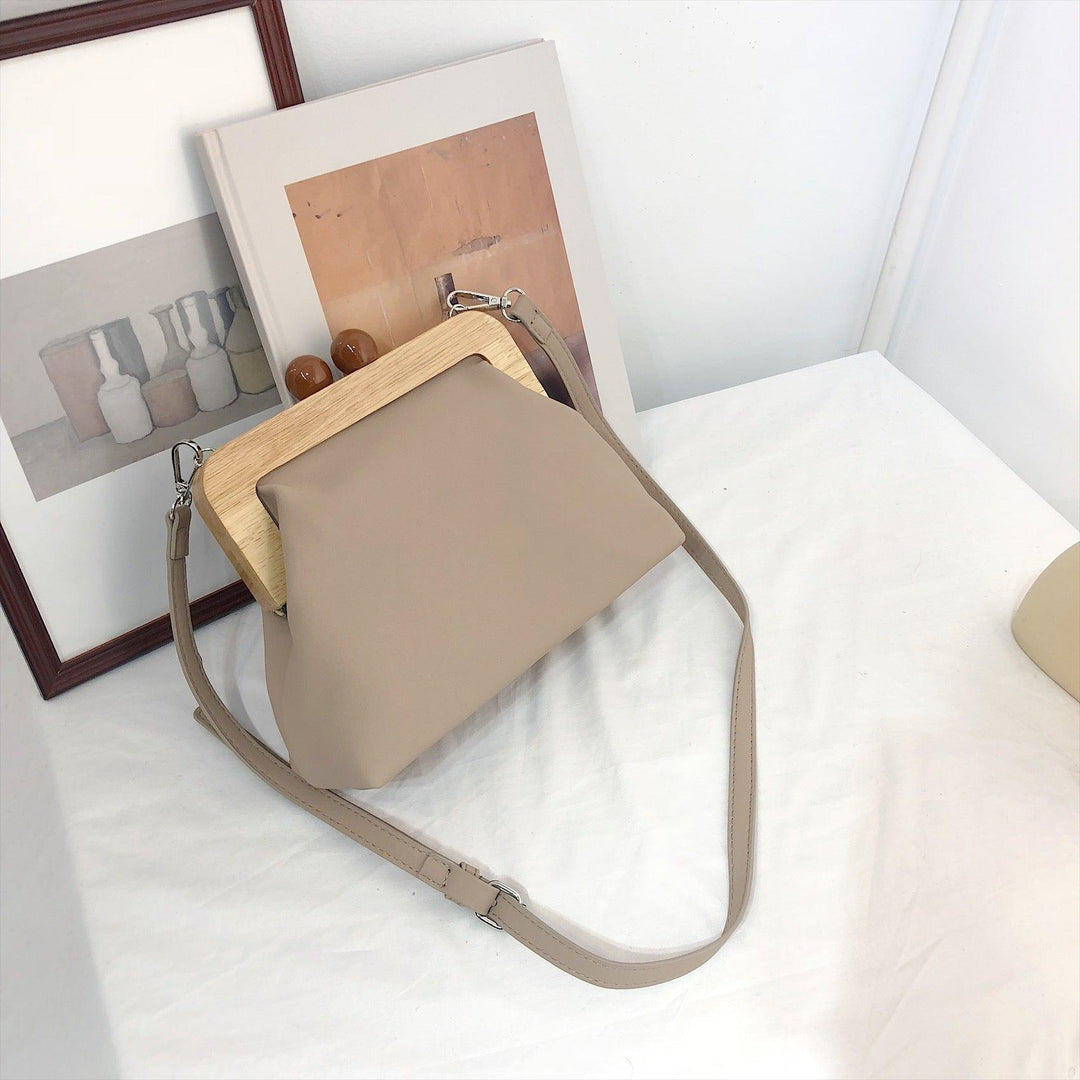 Soft Leather Assembling Wooden Clip Clutch Handbag - MRSLM