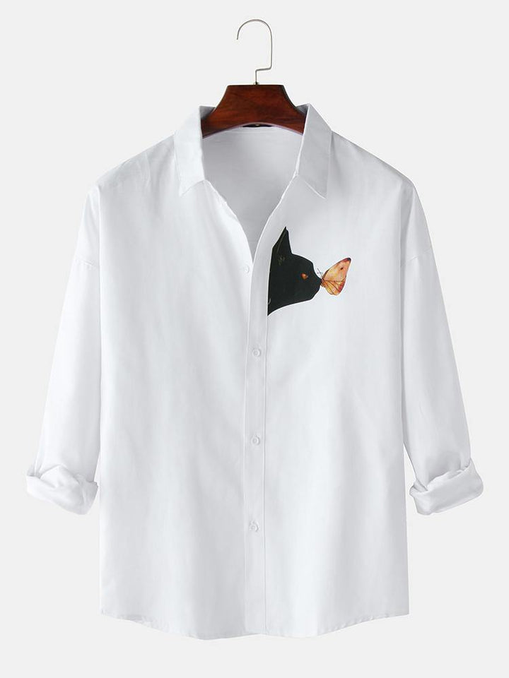 Design Cat & Butterfly Cartoon Print Long Sleeve Simple Shirts - MRSLM