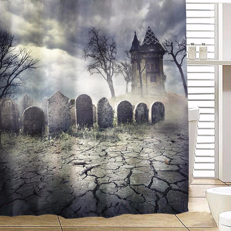 180x180cm Halloween Haunted House Polyester Shower Curtain Bathroom Decor with 12 Hooks - MRSLM