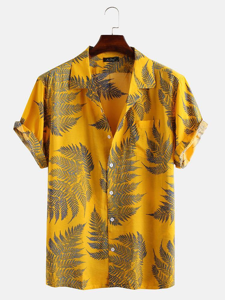 Pine Leaves Print Cotton Short Sleeve Relaxed Shirts - MRSLM