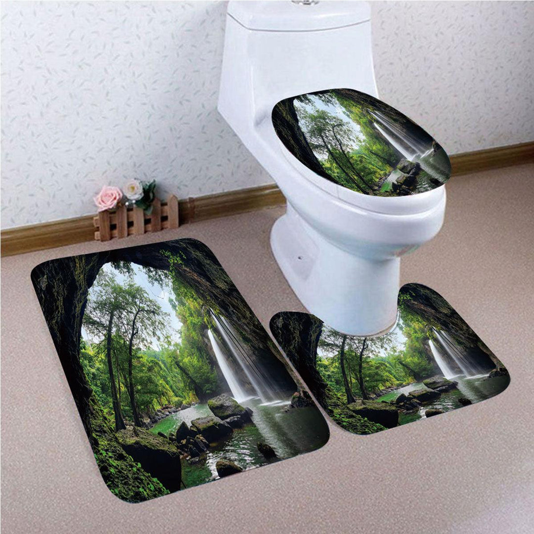 Natural Waterfall Shower Curtain Home Carpet Bathroom Decor Toilet Seat Cover Pedestal Bath Mat Rugs Set - MRSLM