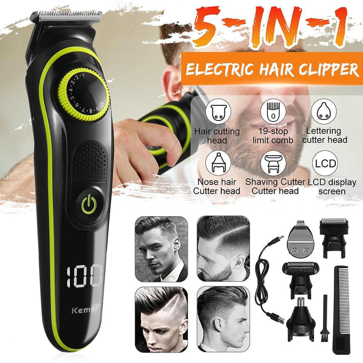 Kemei 5 In 1 Electric Hair Trimmer Household Hair Clippers Multifunctional USB Rechargeable Shaver LED Display Cutter Heads KM-696 (#01) - MRSLM