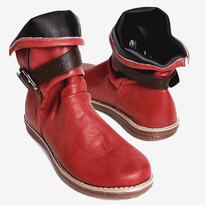 Women Retro Leather Buckle Belt Round Toe Flat Short Boots - MRSLM
